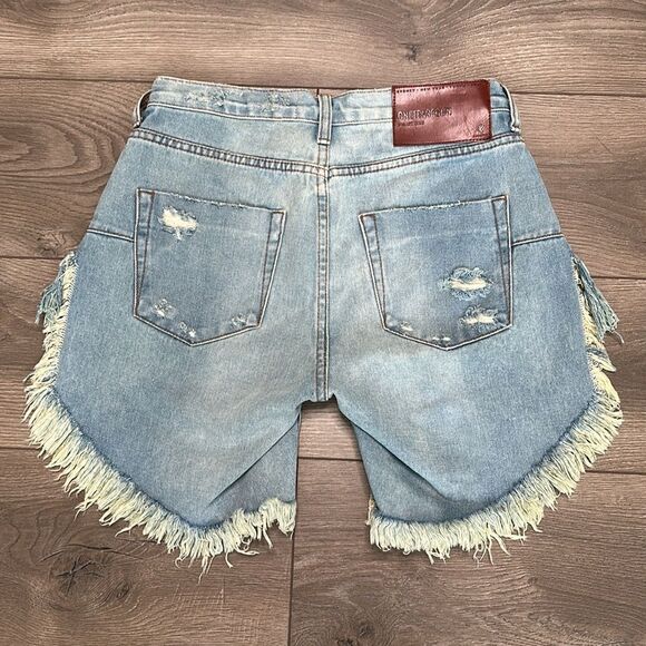 One Teaspoon Frankies Long Length Button Fly Fringe‎ Blue Jean Shorts Size 25 - Picture 3 of 13
